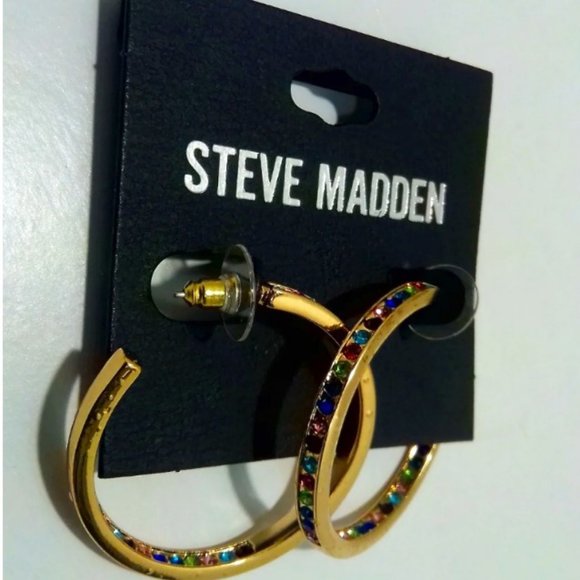 Steve Madden Gold and Multi-Color Crystal Hoop Earrings - Picture 2 of 3